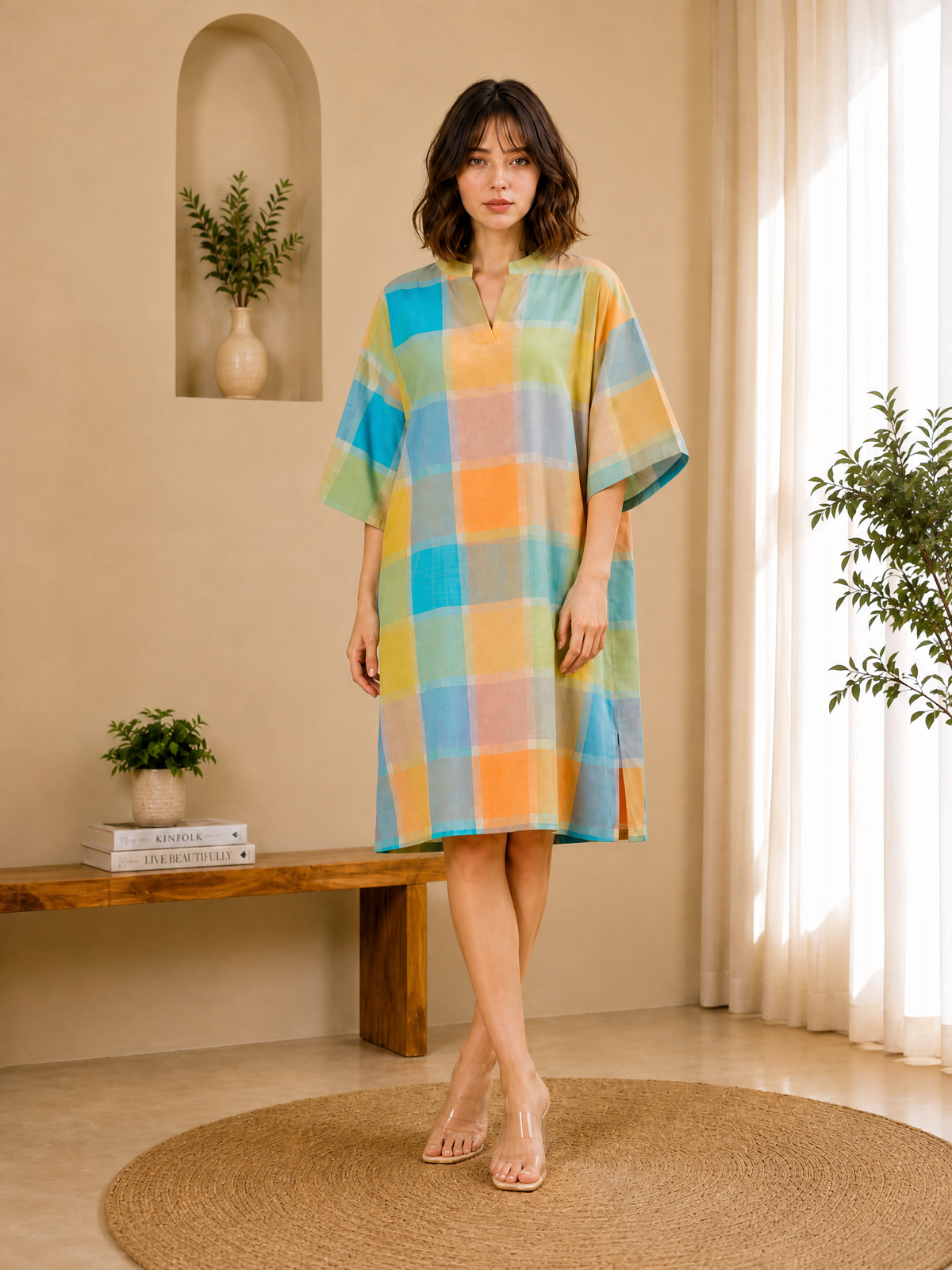 PASTEL CHECK RELAXED MIDI DRESS