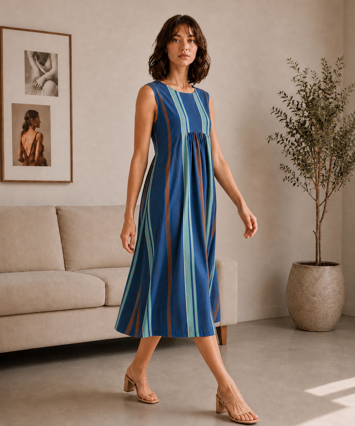 BLUE STRIPE GATHERED MIDI DRESS