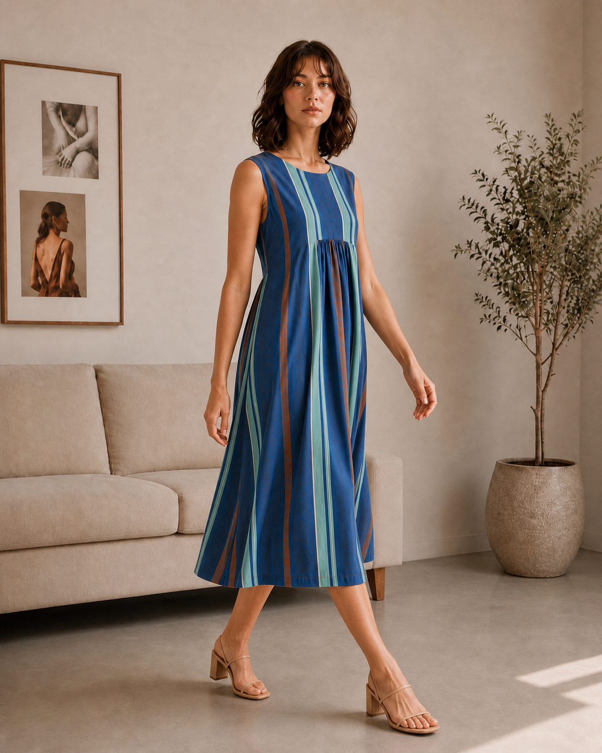 BLUE STRIPE GATHERED MIDI DRESS