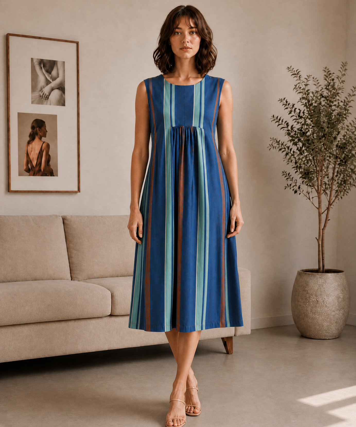 BLUE STRIPE GATHERED MIDI DRESS
