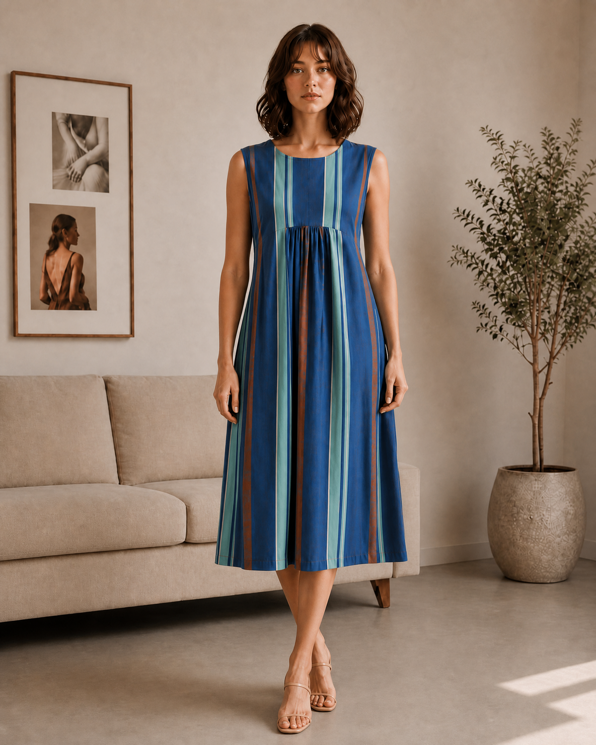 BLUE STRIPE GATHERED MIDI DRESS