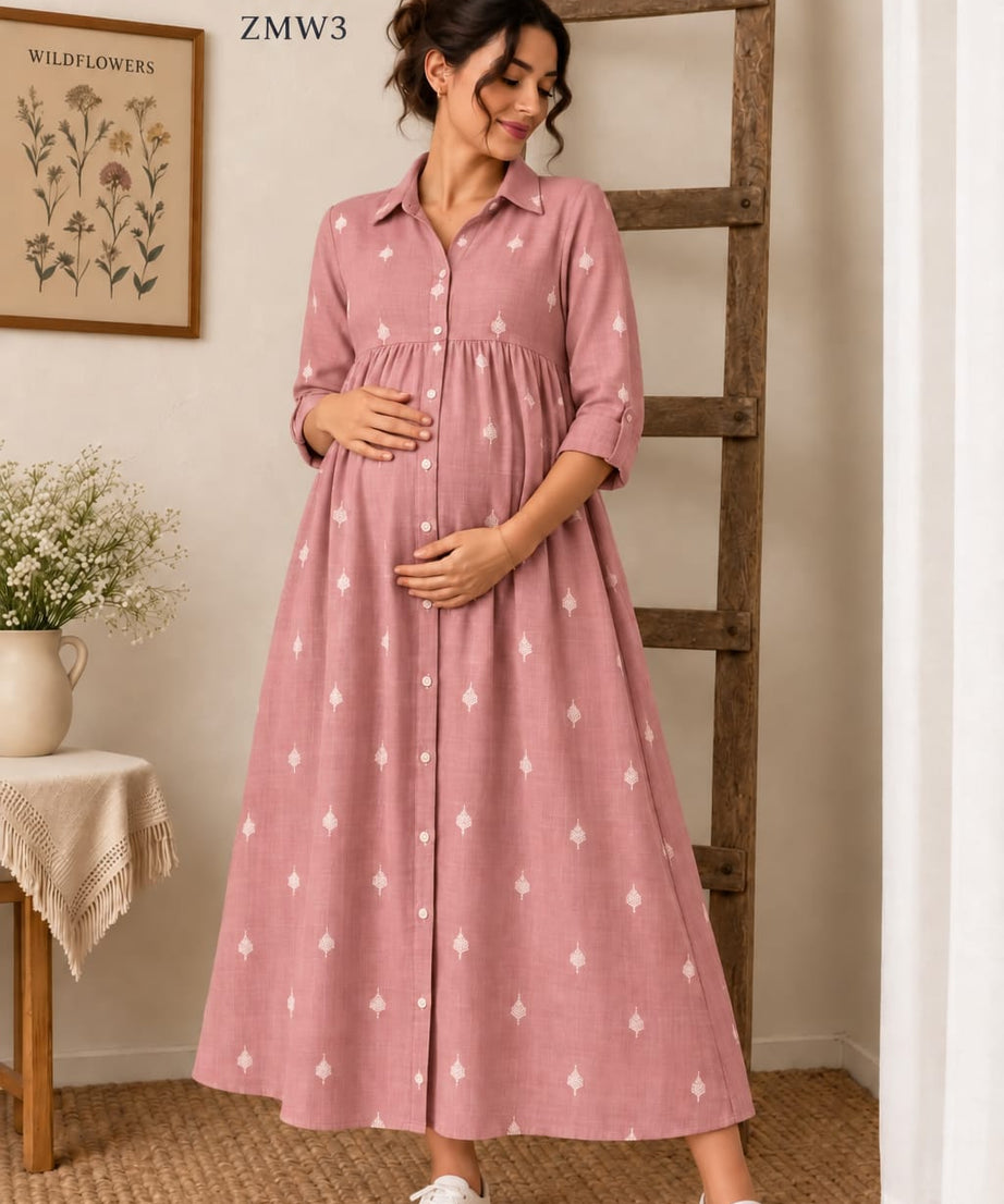 PINK PRINTED MATERNITY SHIRT MAXI DRESS