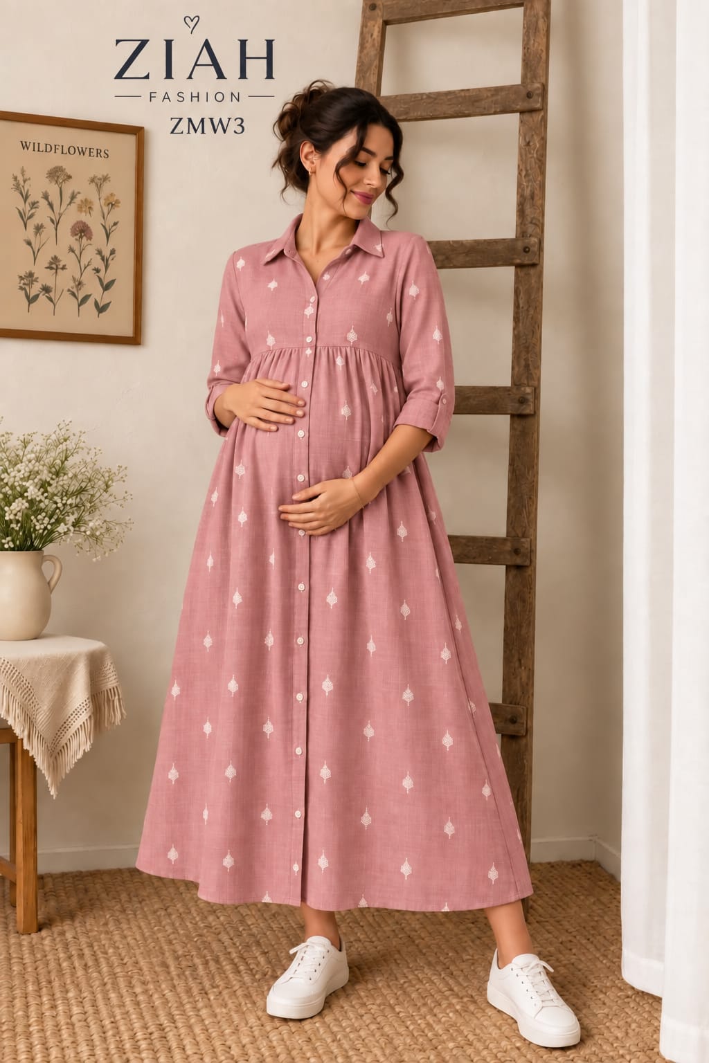 PINK PRINTED MATERNITY SHIRT MAXI DRESS