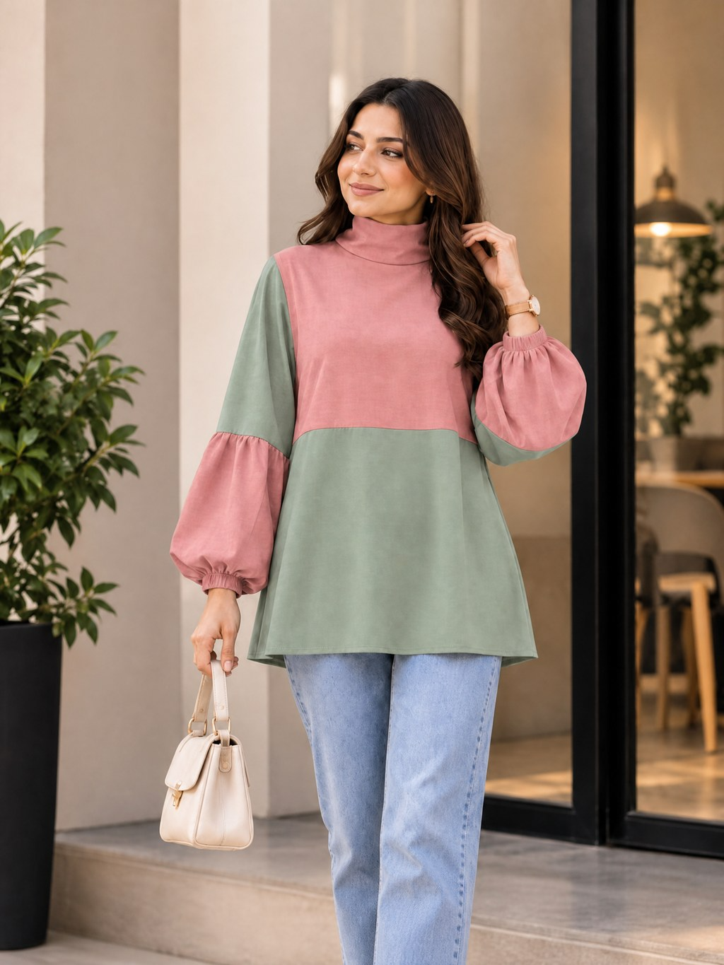 COLOUR BLOCK HIGH NECK BALLOON SLEEVE TOP