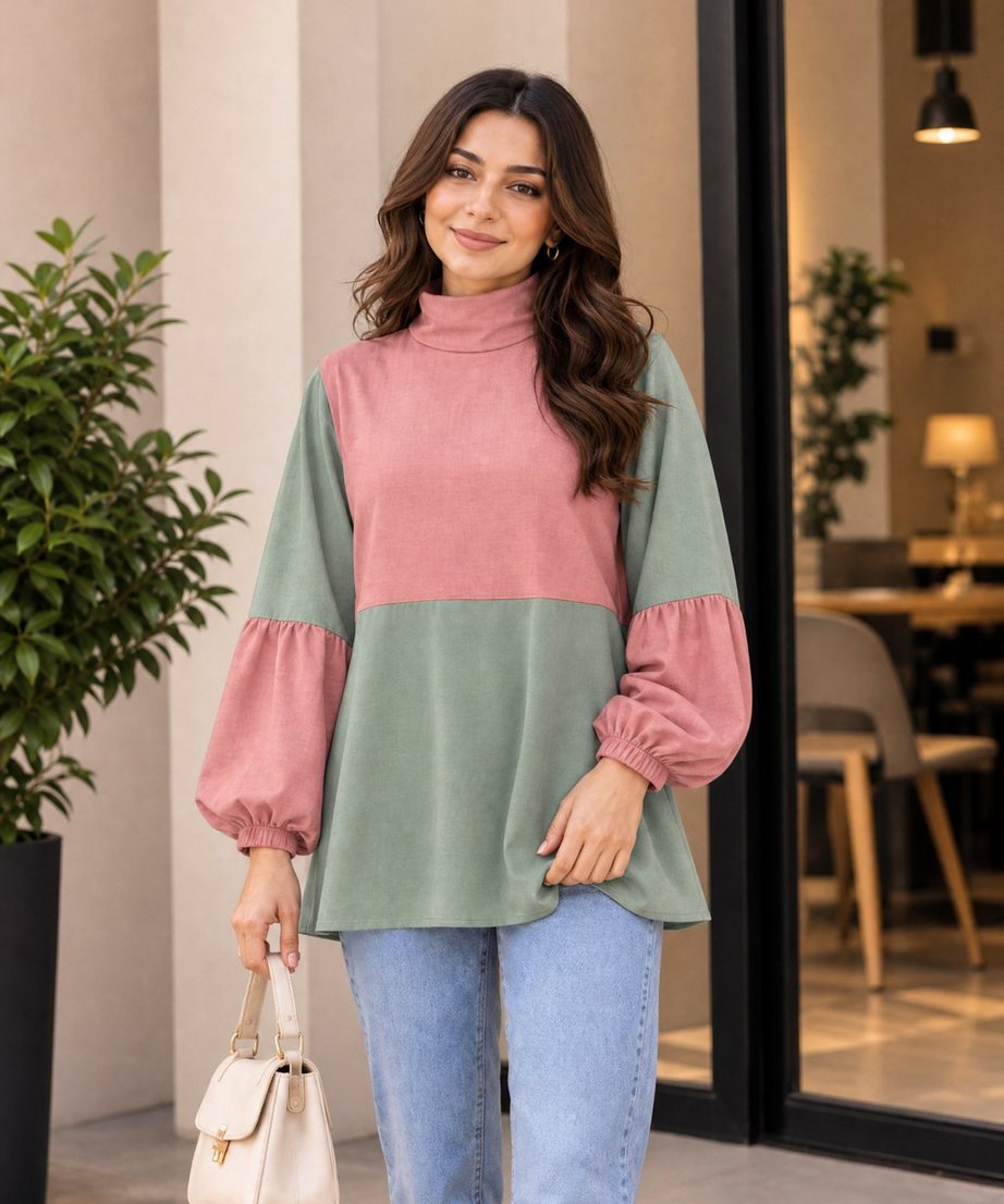 COLOUR BLOCK HIGH NECK BALLOON SLEEVE TOP