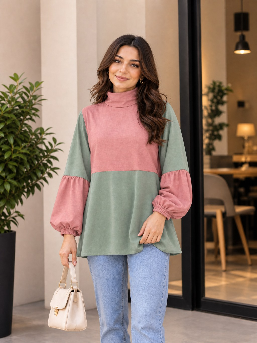 COLOUR BLOCK HIGH NECK BALLOON SLEEVE TOP