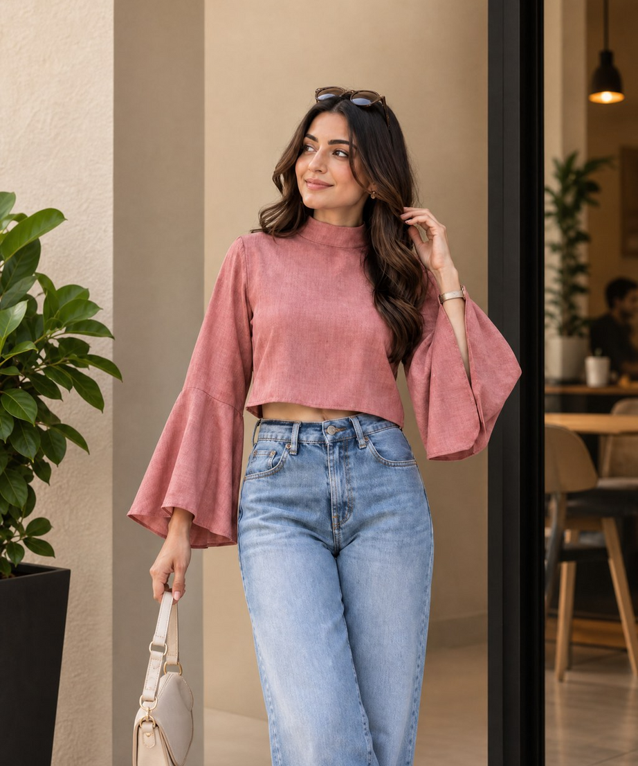 HIGH NECK FLARED SLEEVE CROP TOP