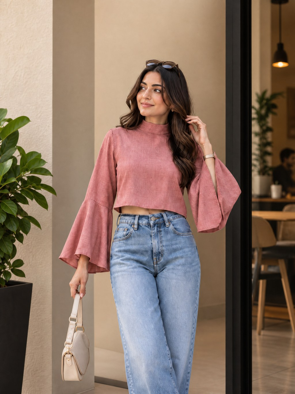 HIGH NECK FLARED SLEEVE CROP TOP