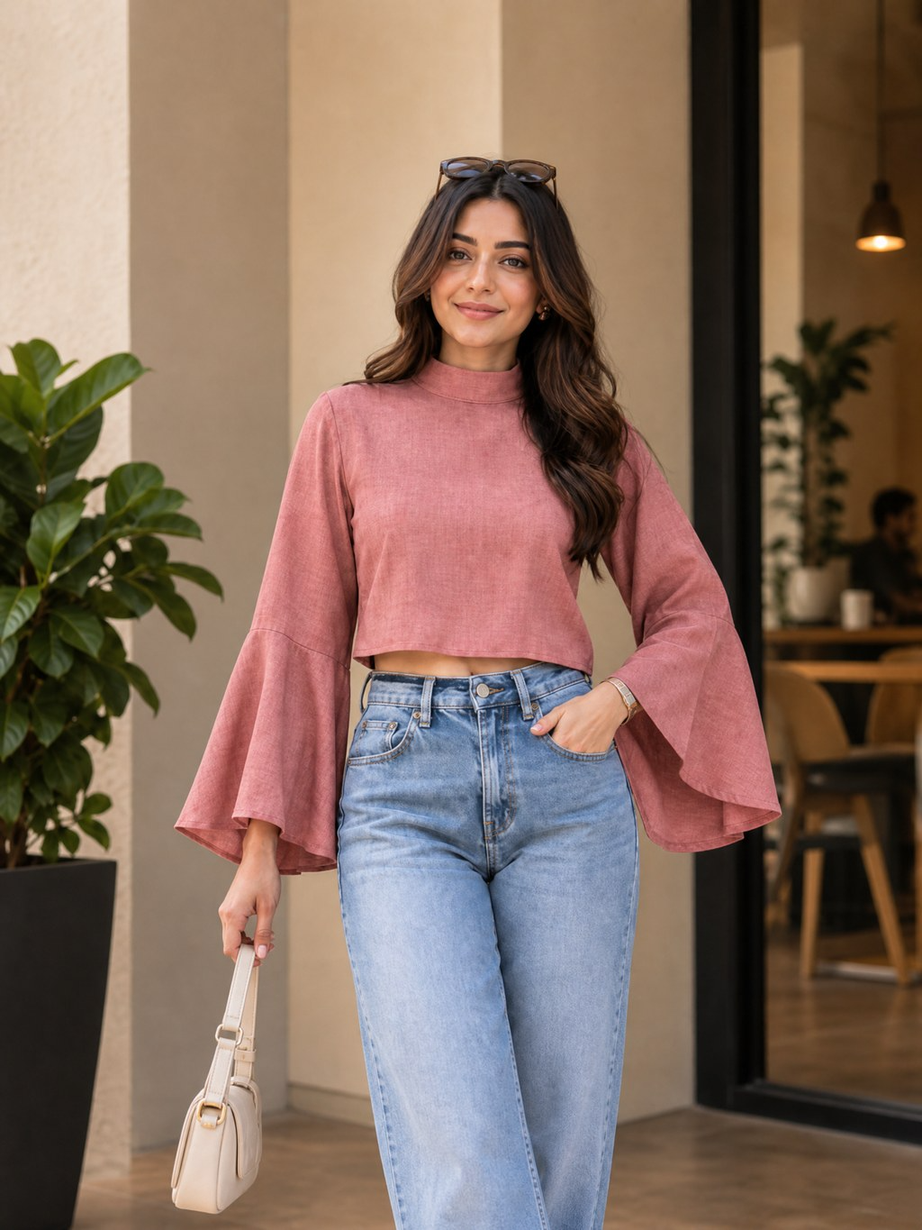 HIGH NECK FLARED SLEEVE CROP TOP