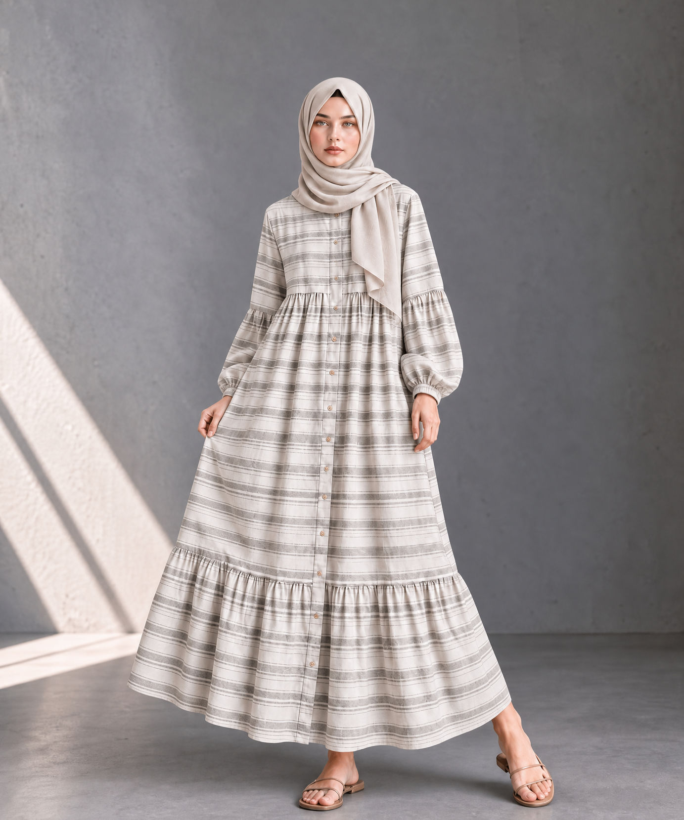 STRIPED TIERED BUTTON-DOWN MAXI DRESS
