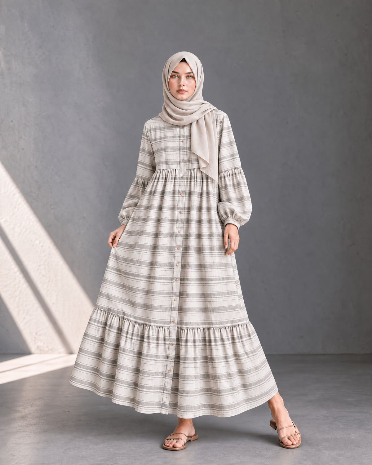 STRIPED TIERED BUTTON-DOWN MAXI DRESS