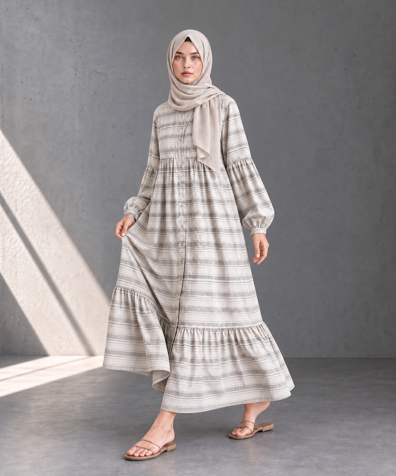 STRIPED TIERED BUTTON-DOWN MAXI DRESS