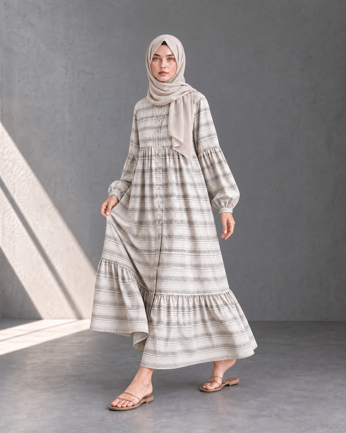 STRIPED TIERED BUTTON-DOWN MAXI DRESS
