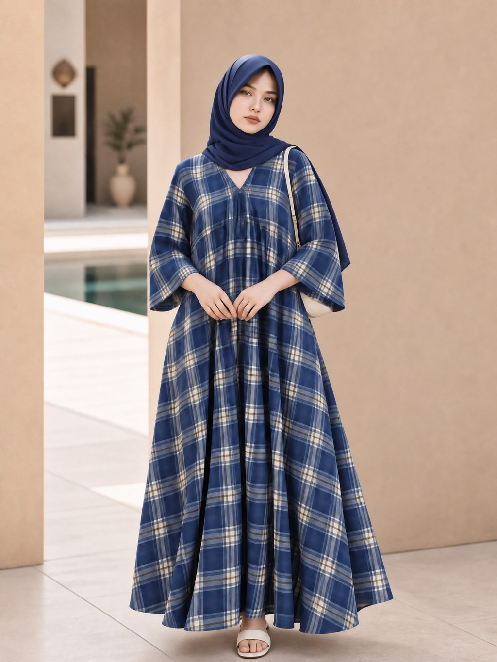 PLAID V-NECK FLARED MAXI DRESS