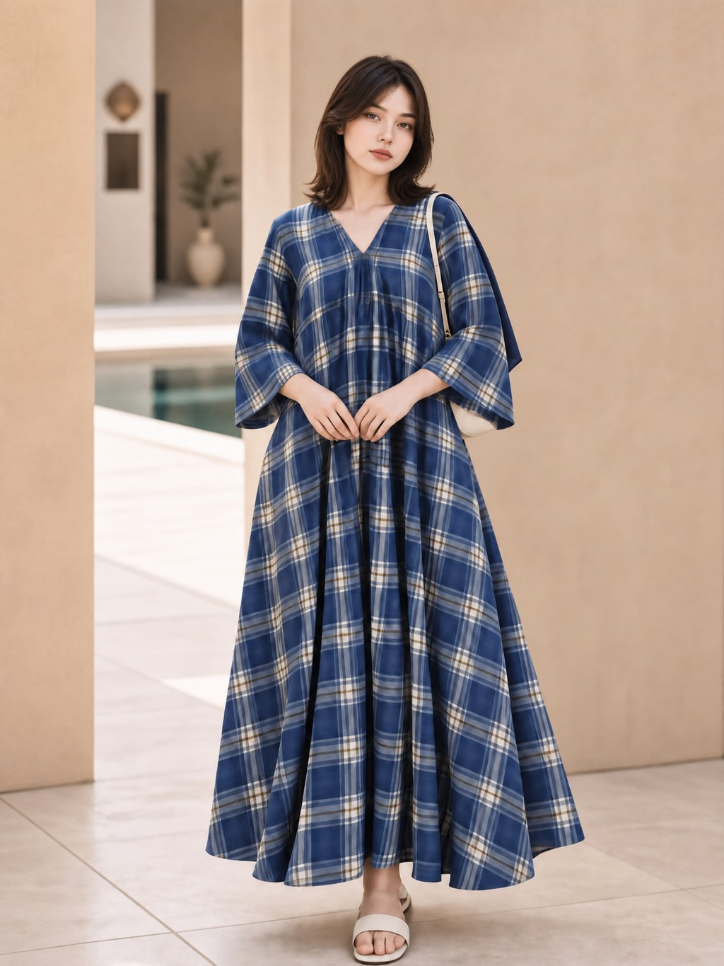 PLAID V-NECK FLARED MAXI DRESS