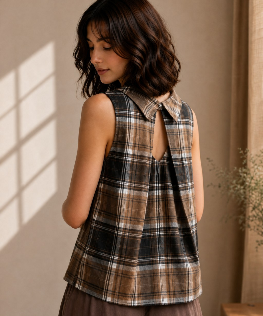 COWL NECK CHECK SLEEVELESS COTTON TOP