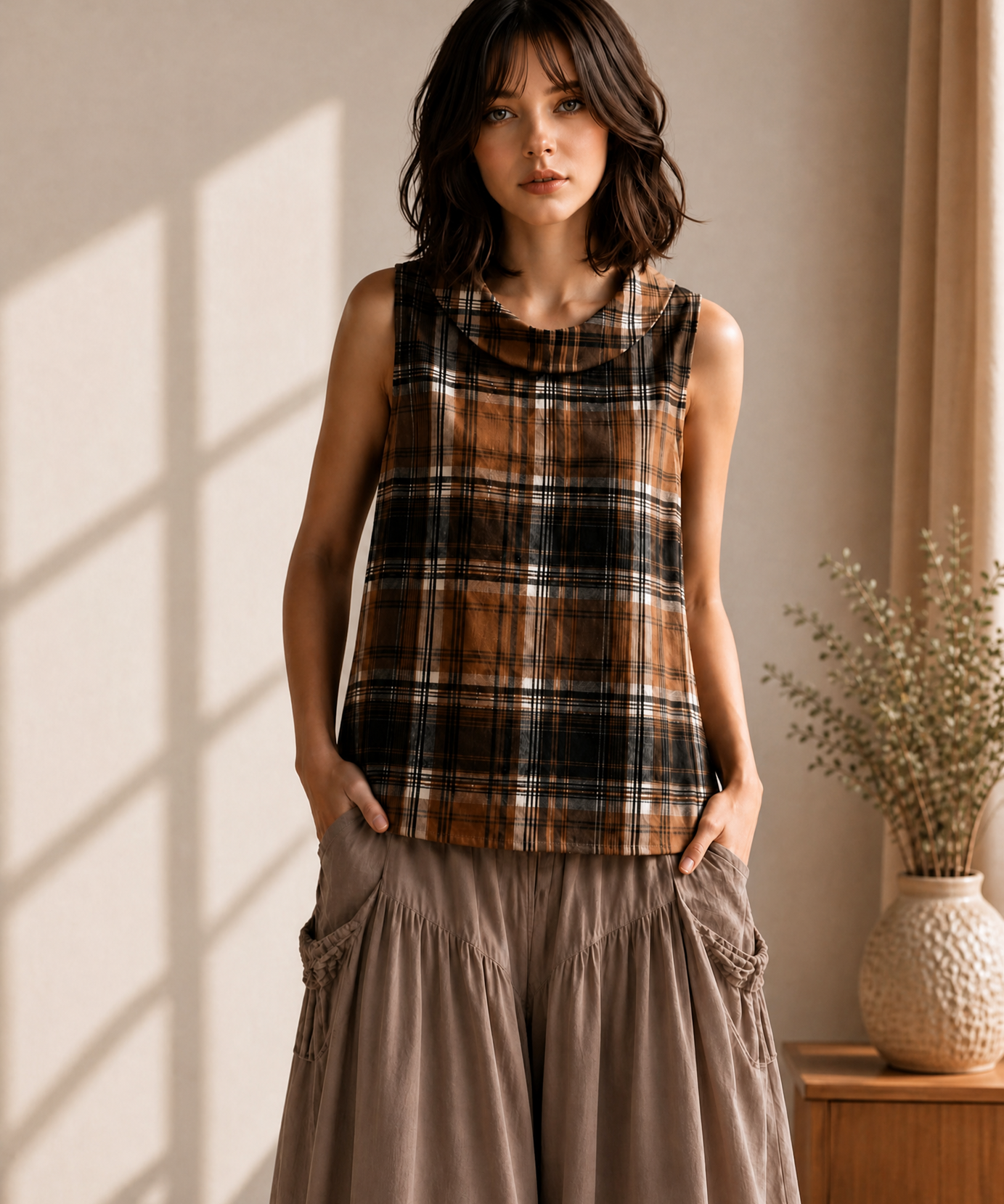 COWL NECK CHECK SLEEVELESS COTTON TOP