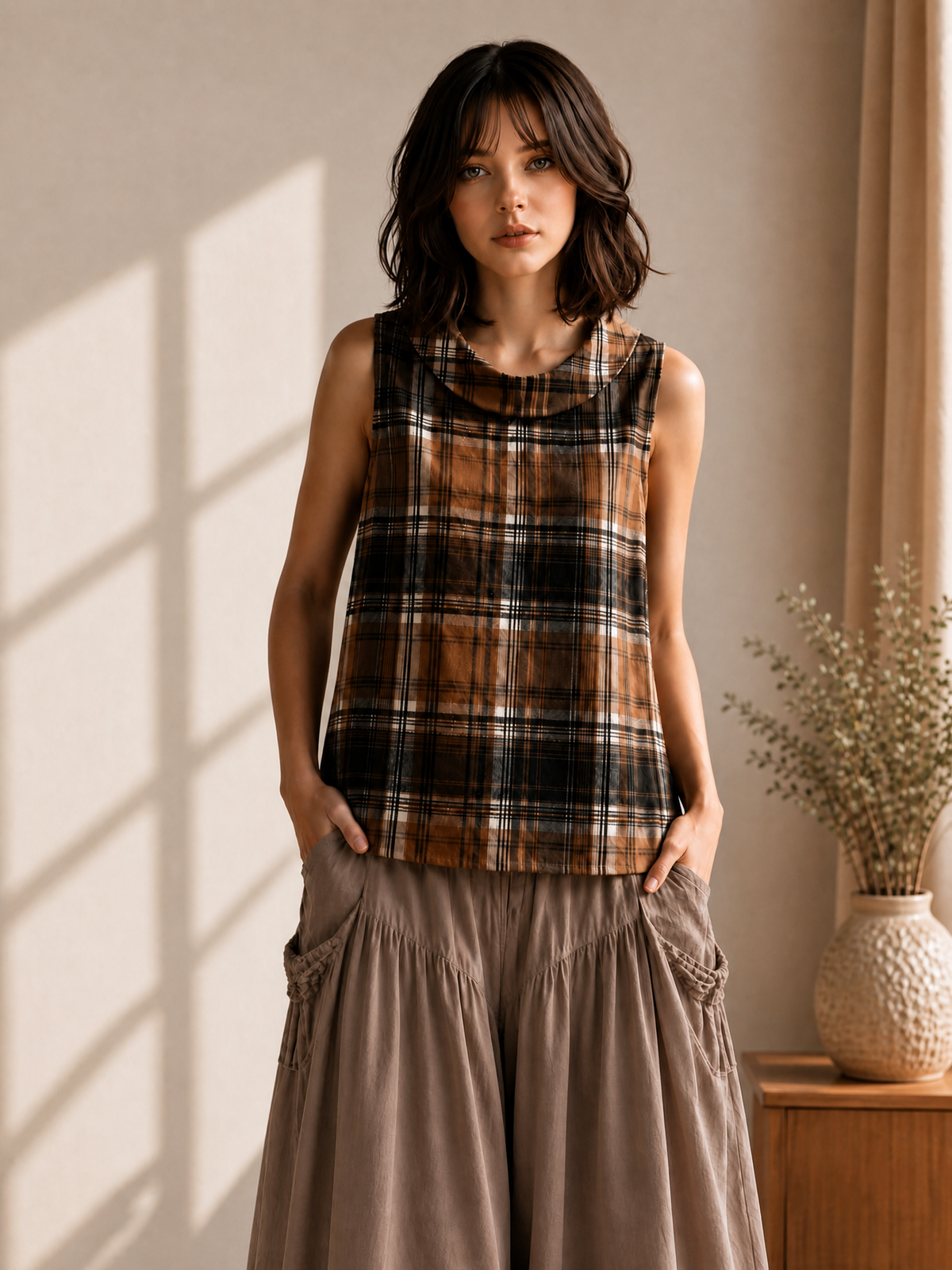 COWL NECK CHECK SLEEVELESS COTTON TOP