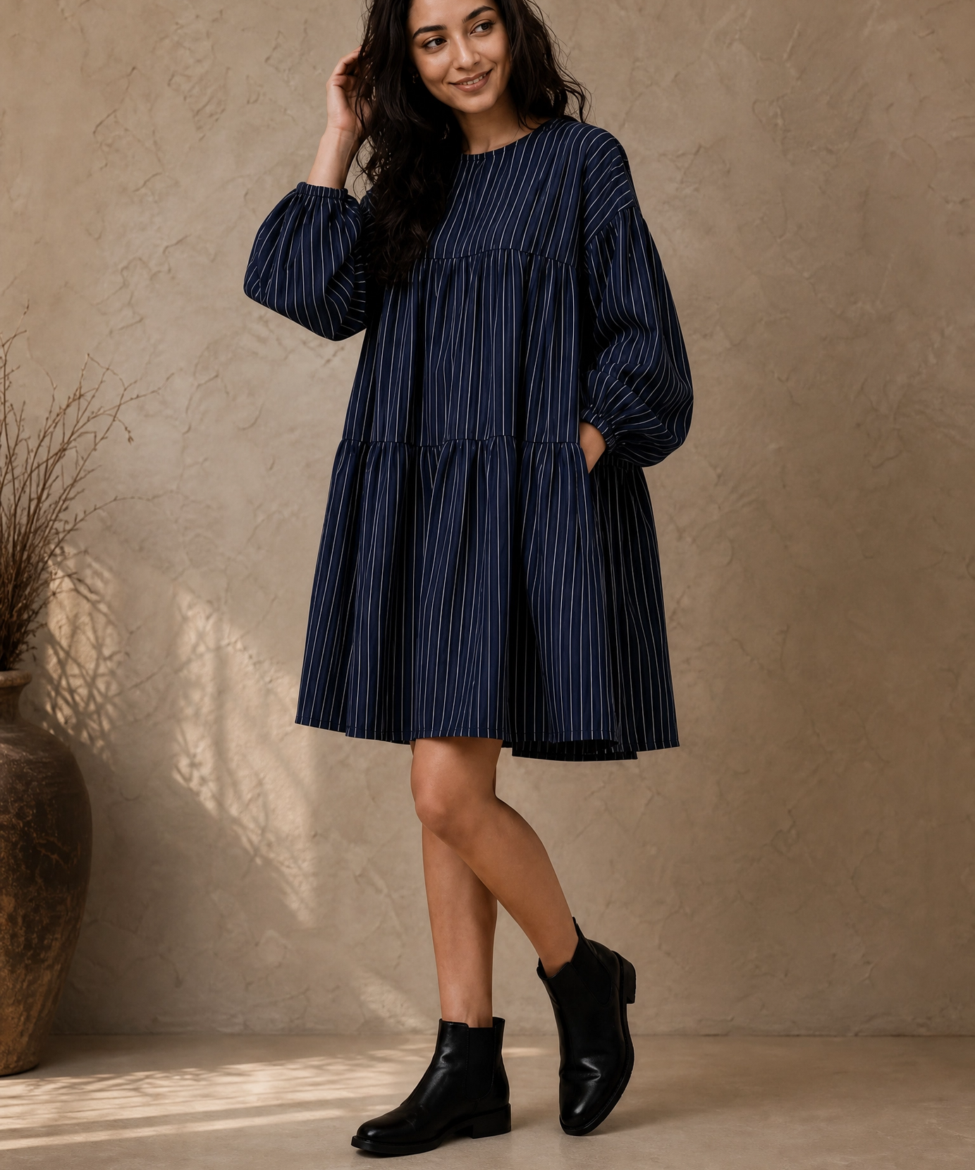 MIDNIGHT STRIPE TIERED DRESS