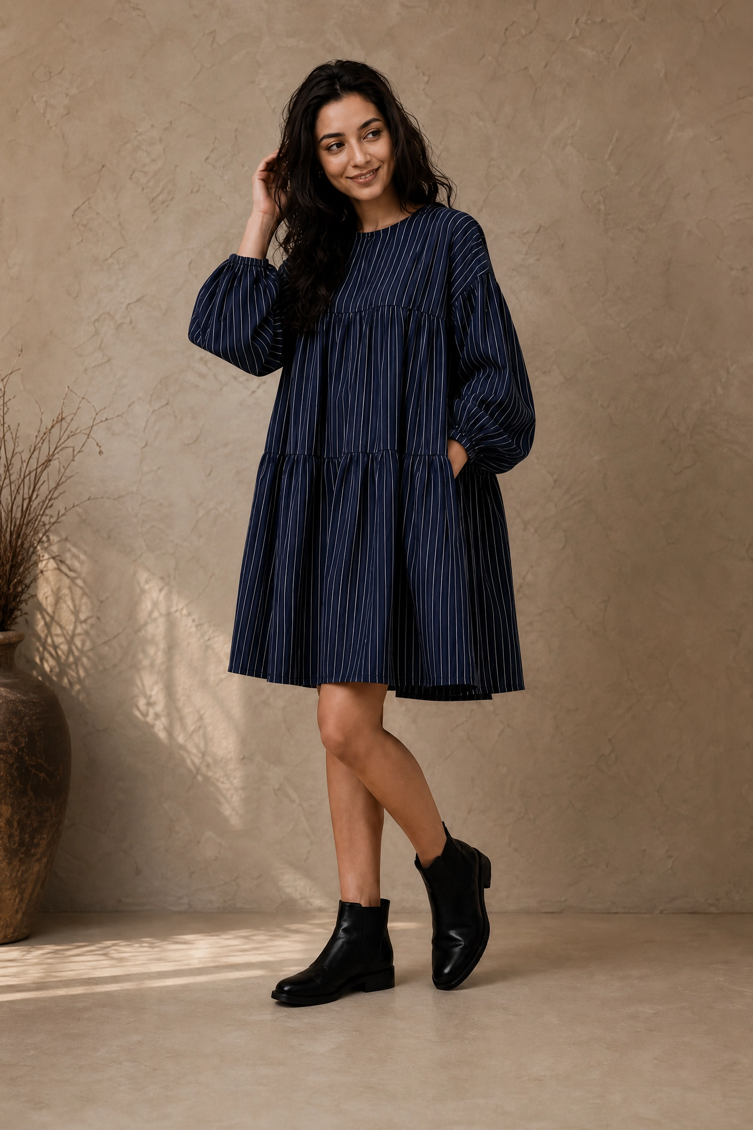 MIDNIGHT STRIPE TIERED DRESS