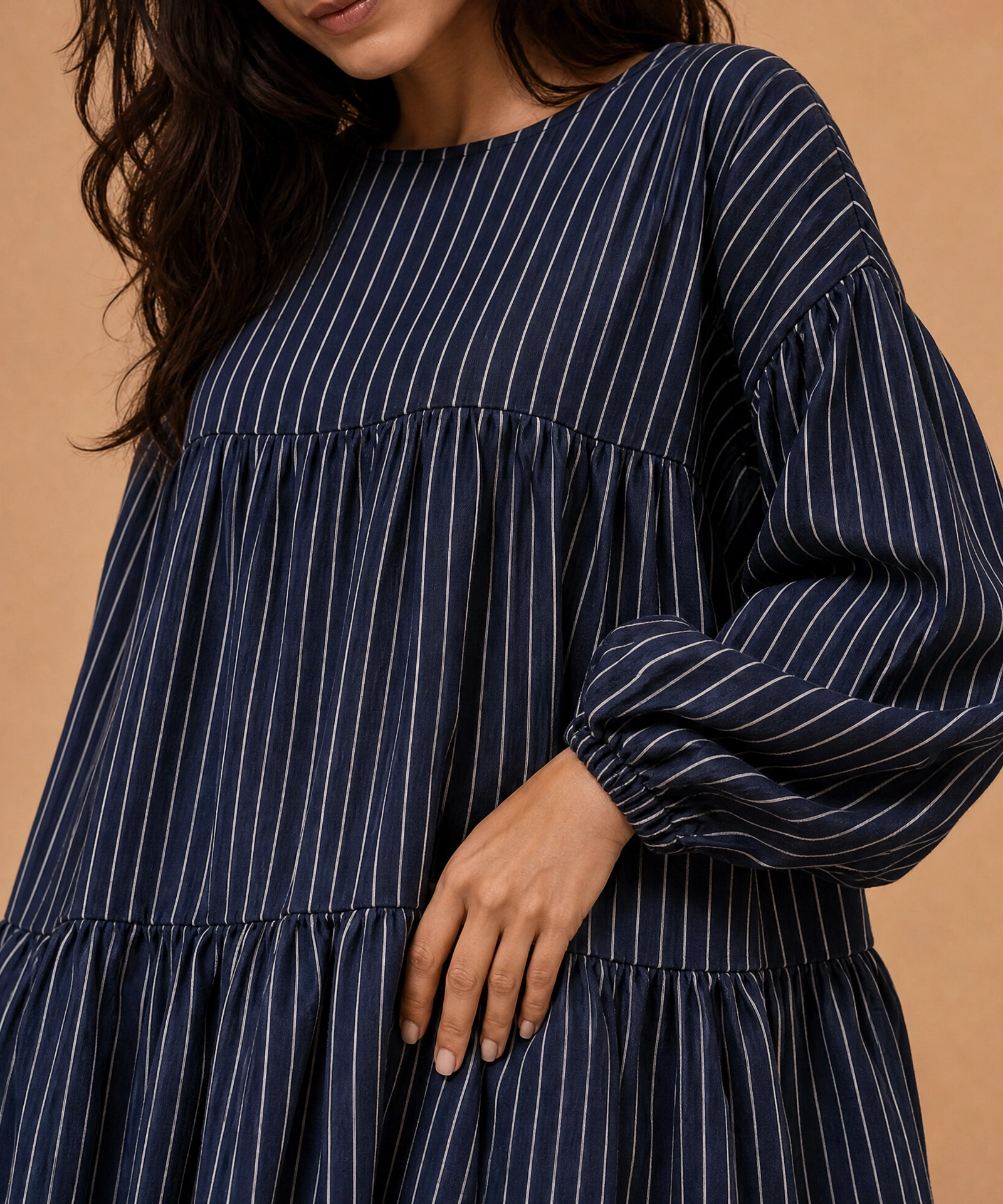 MIDNIGHT STRIPE TIERED DRESS