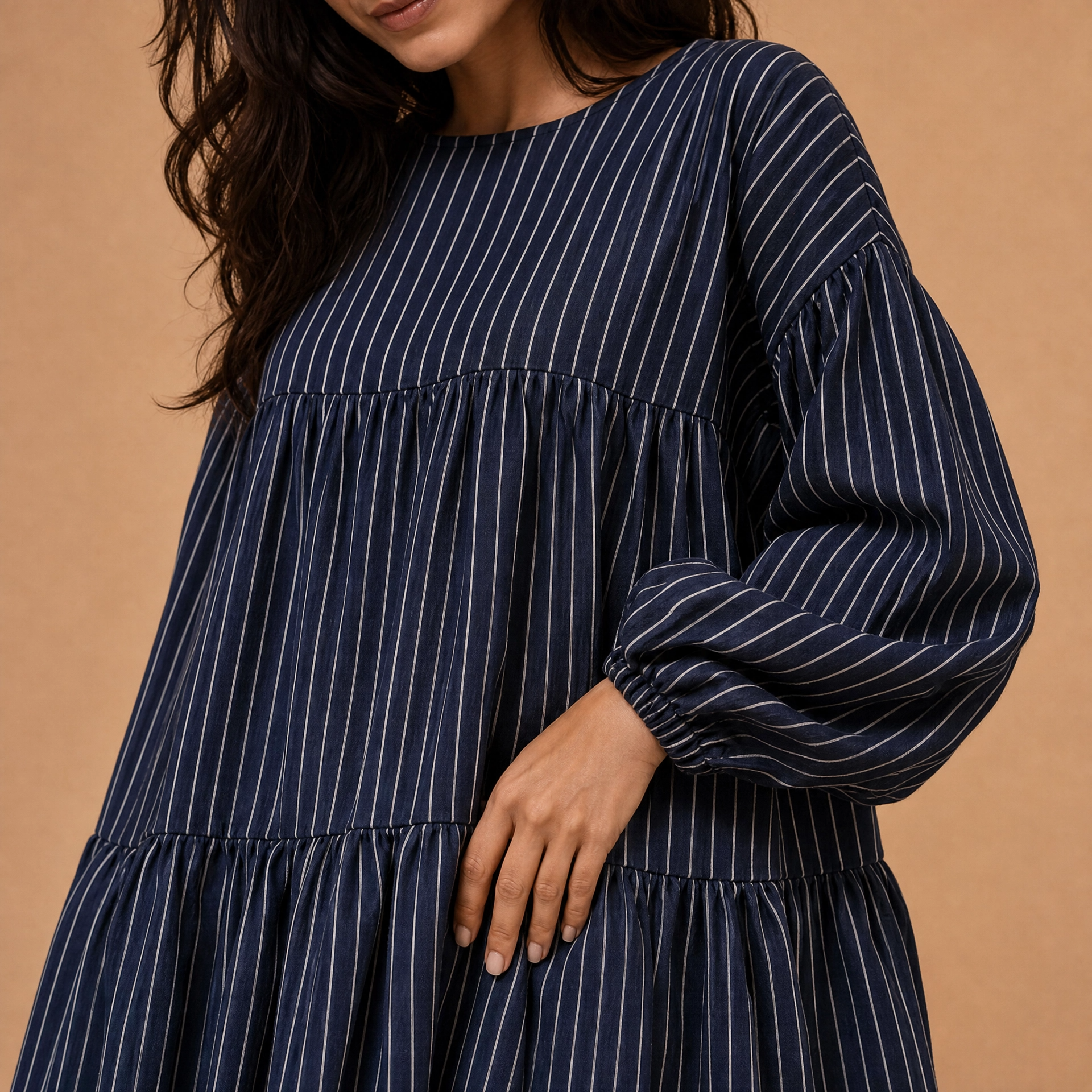 MIDNIGHT STRIPE TIERED DRESS
