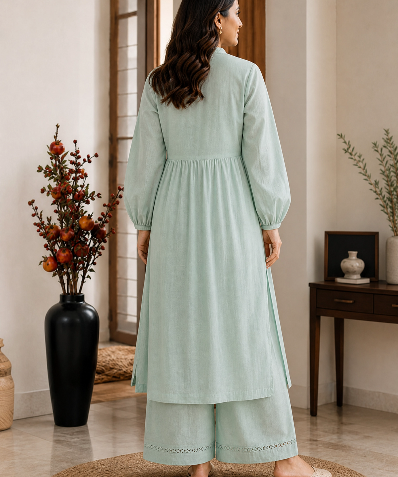 MINT EMBROIDERED COTTON KURTA SET