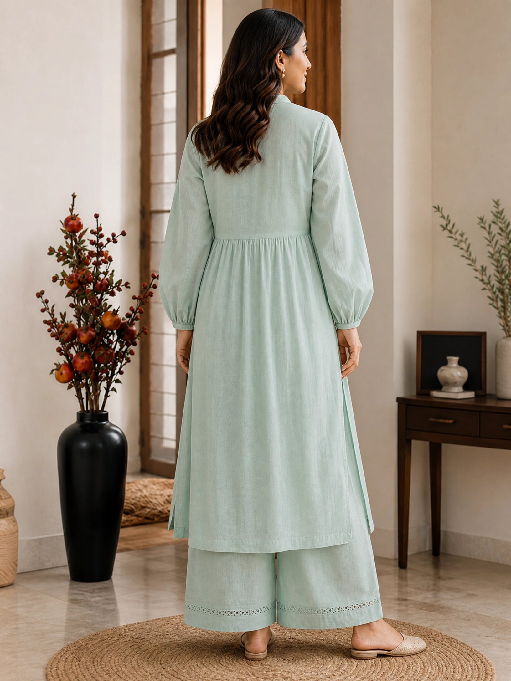 MINT EMBROIDERED COTTON KURTA SET