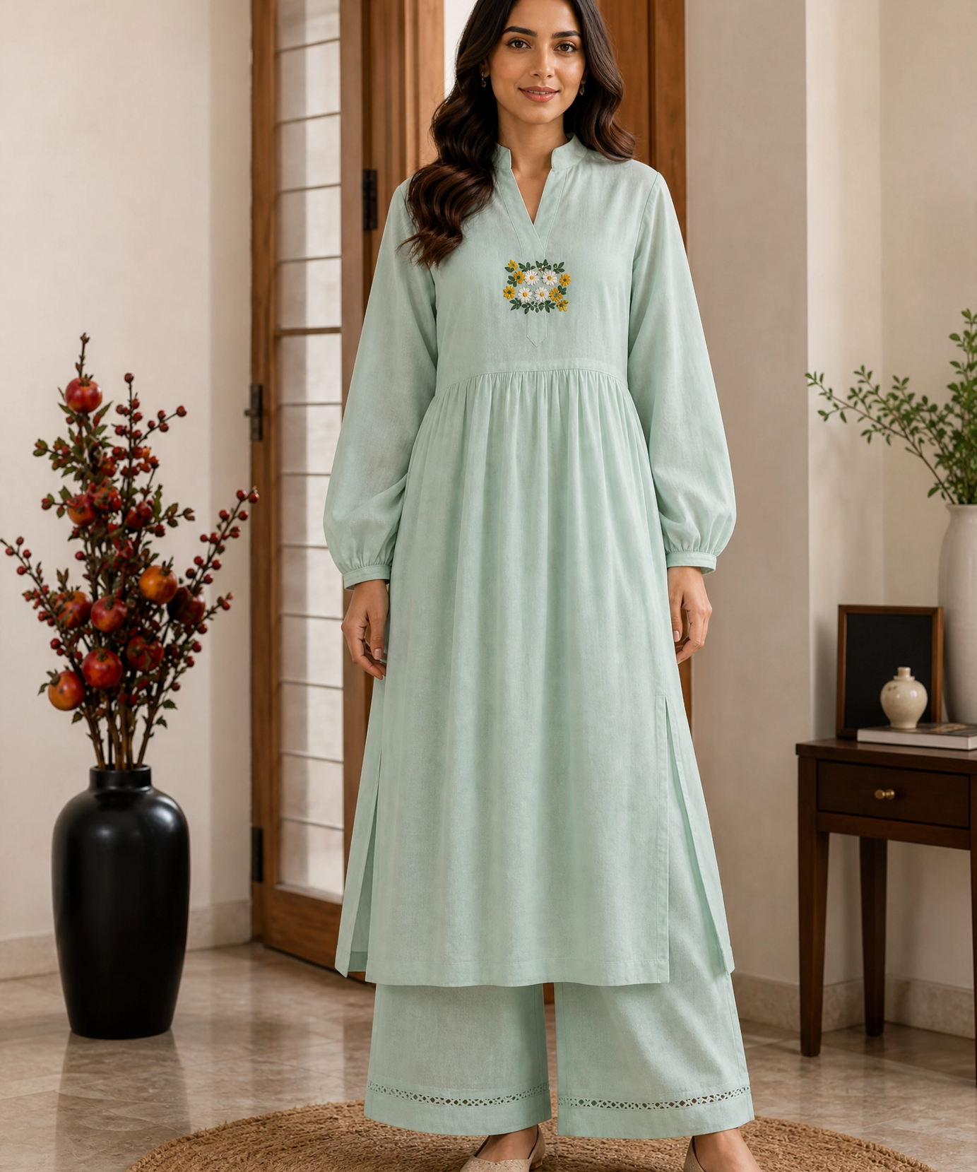MINT EMBROIDERED COTTON KURTA SET