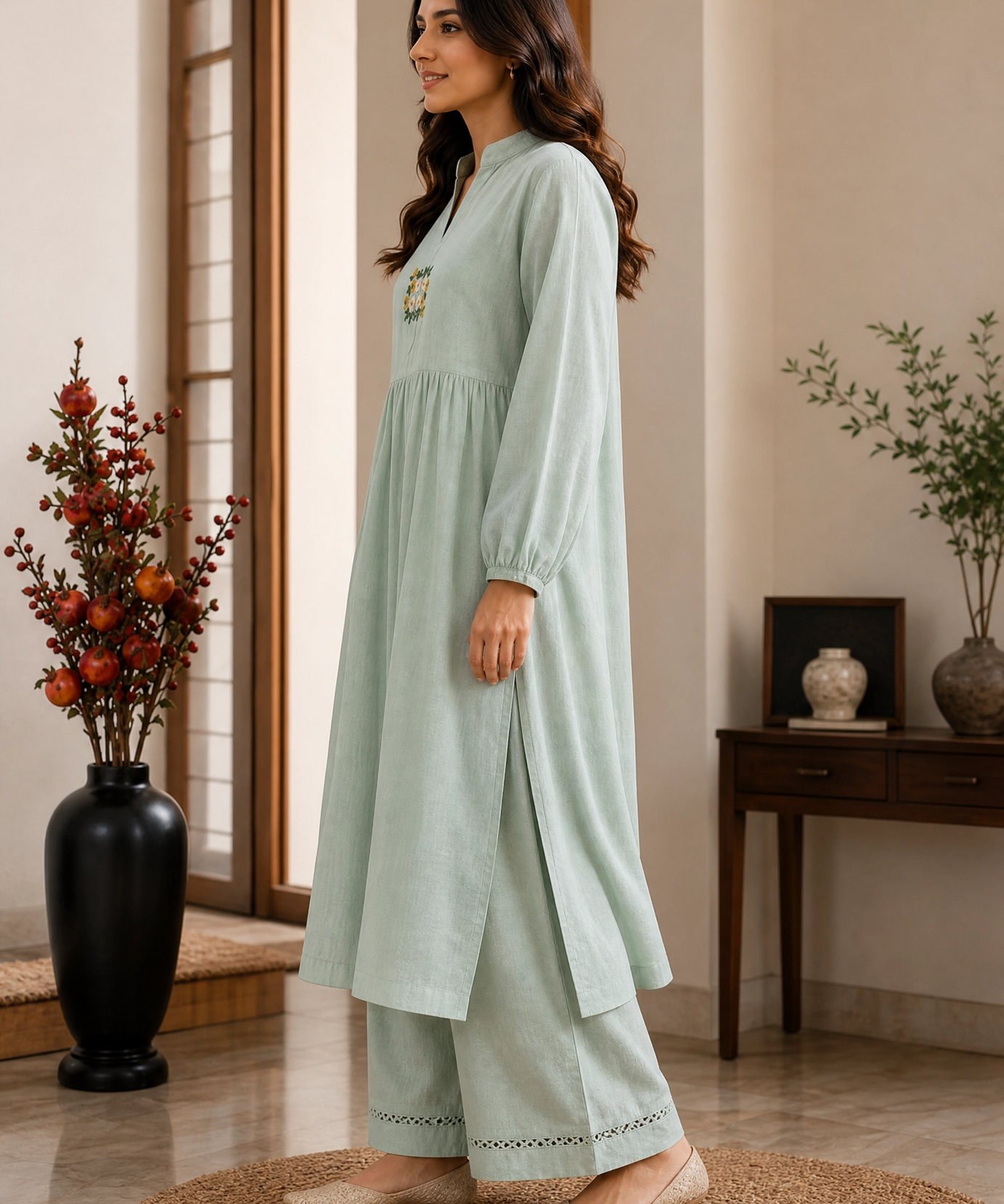 MINT EMBROIDERED COTTON KURTA SET
