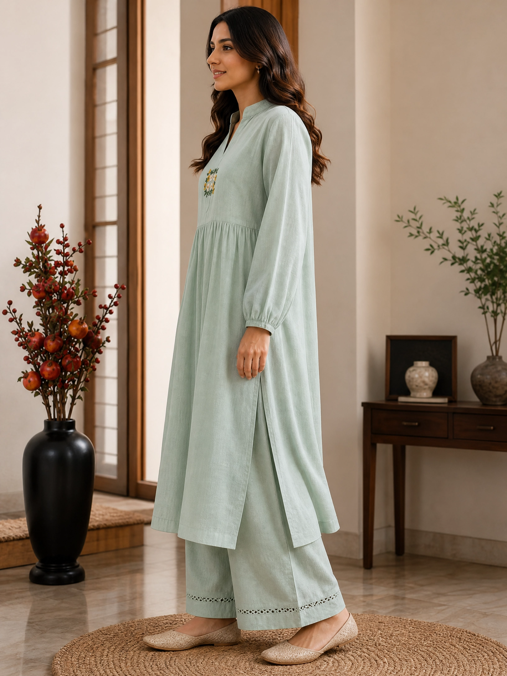 MINT EMBROIDERED COTTON KURTA SET