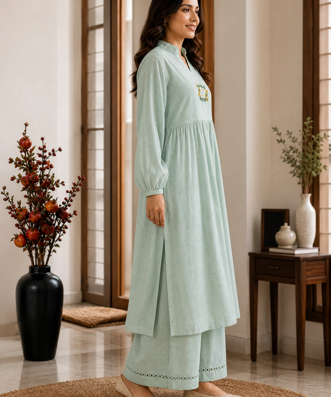 MINT EMBROIDERED COTTON KURTA SET