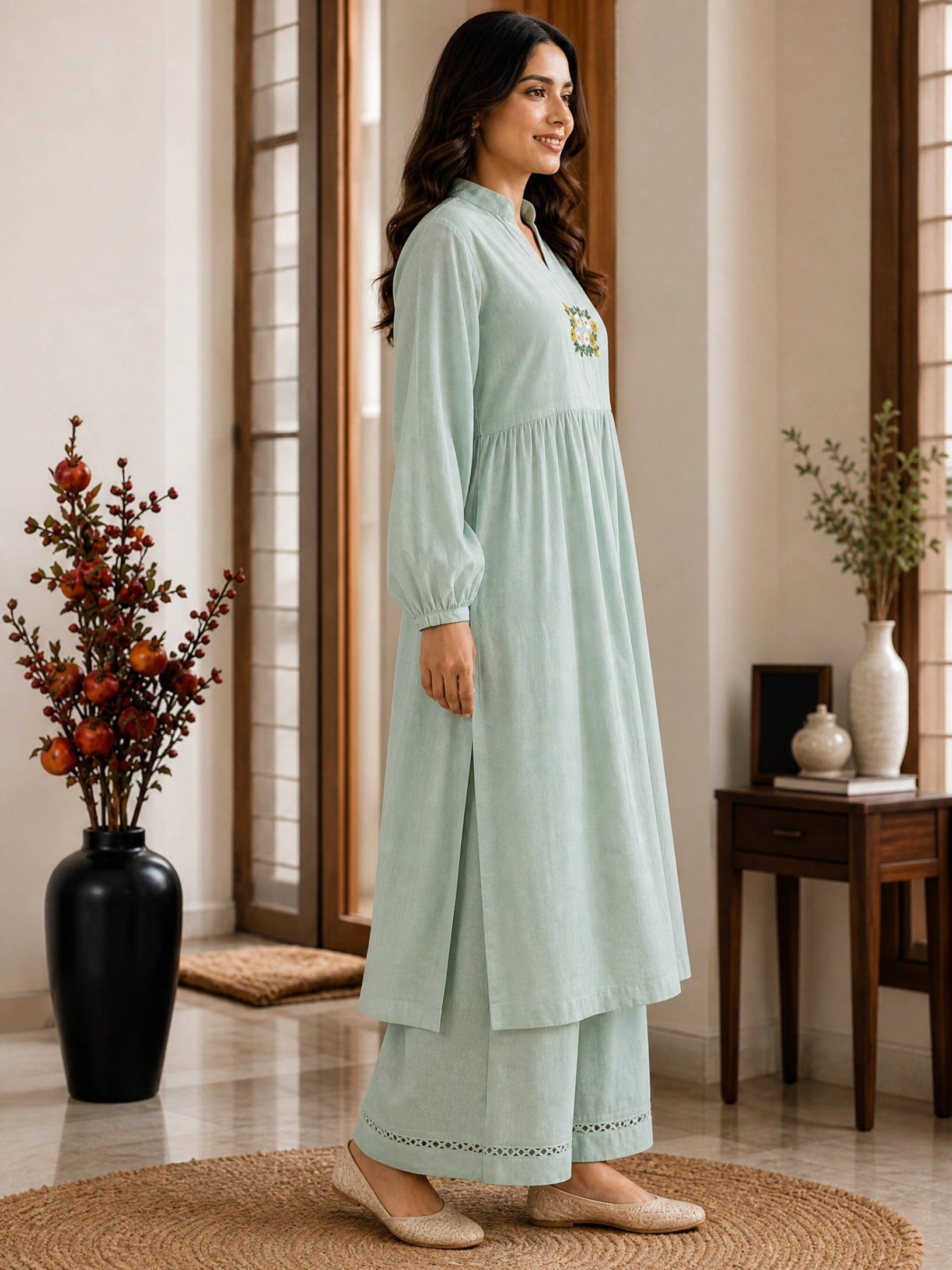 MINT EMBROIDERED COTTON KURTA SET
