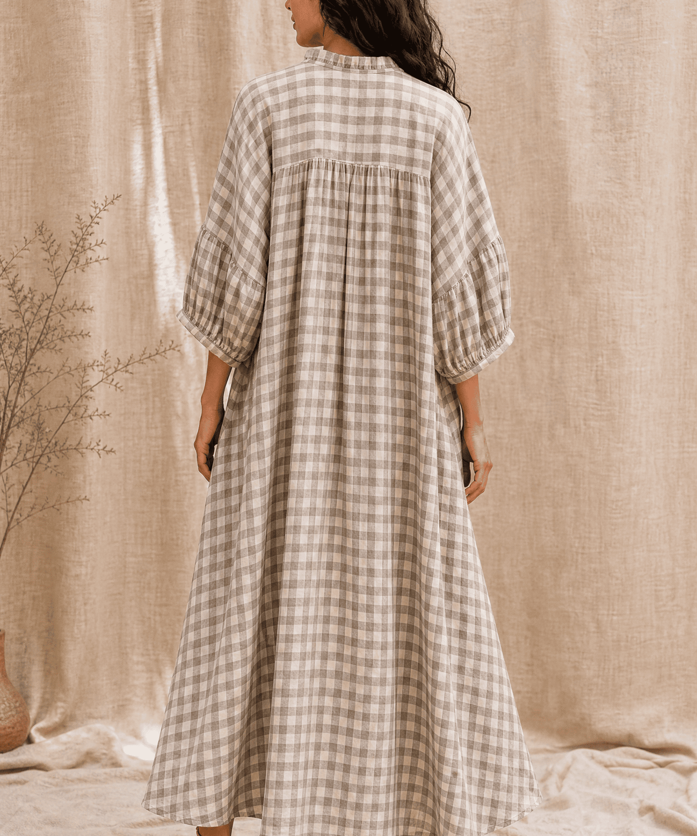 CHECKED LINEN MAXI DRESS