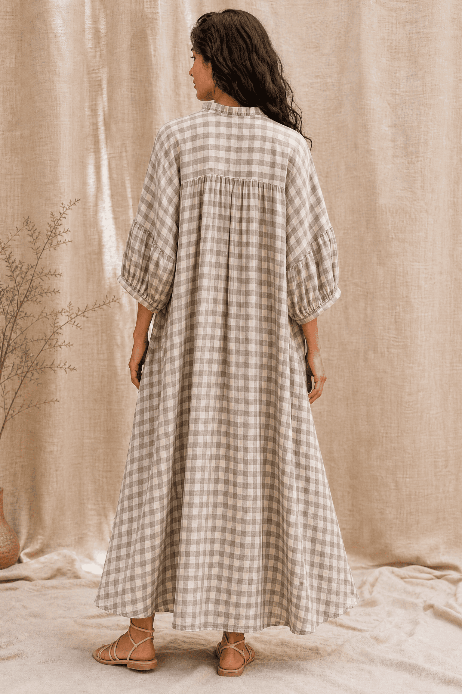 CHECKED LINEN MAXI DRESS