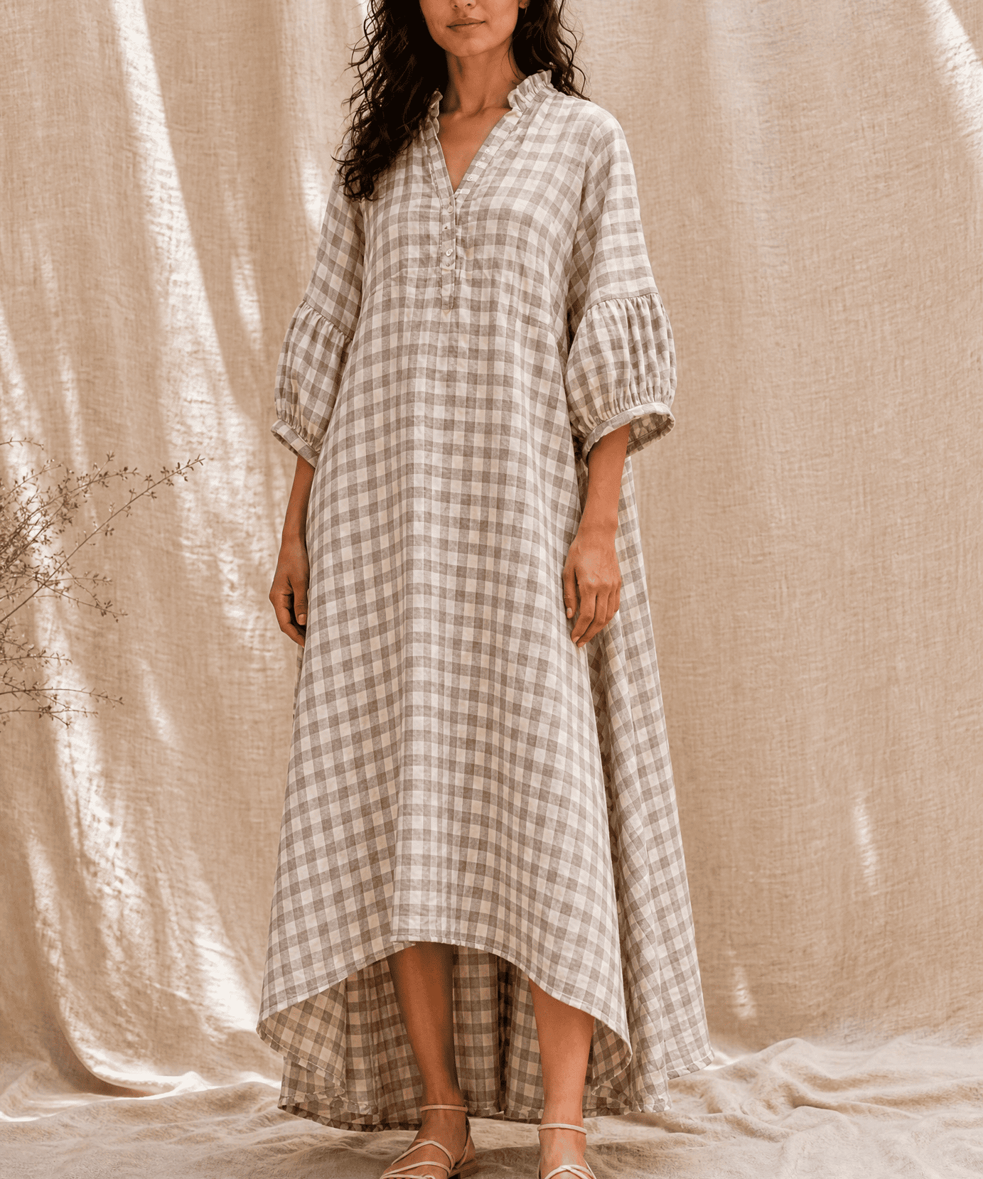 CHECKED LINEN MAXI DRESS