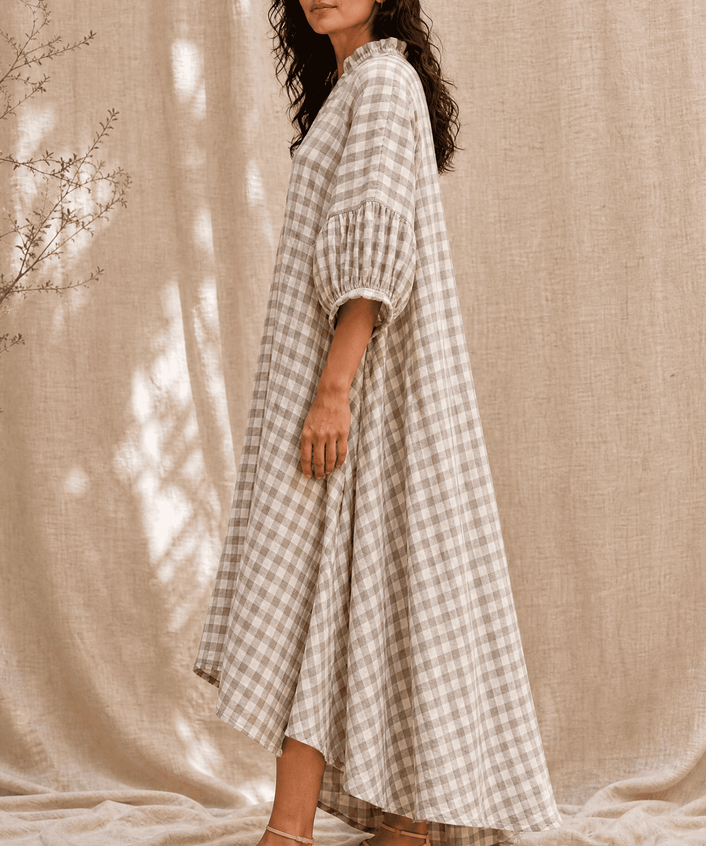 CHECKED LINEN MAXI DRESS