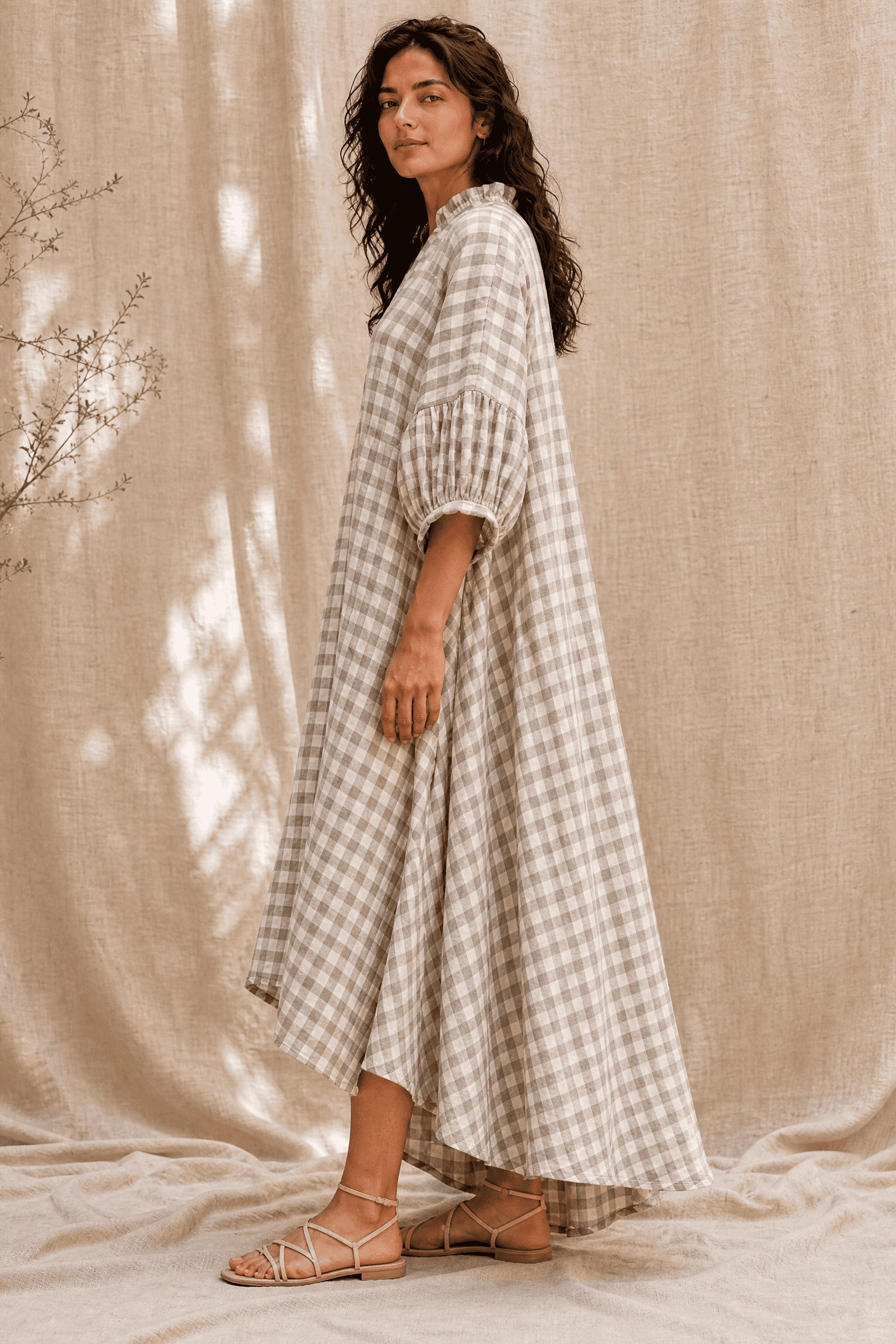 CHECKED LINEN MAXI DRESS