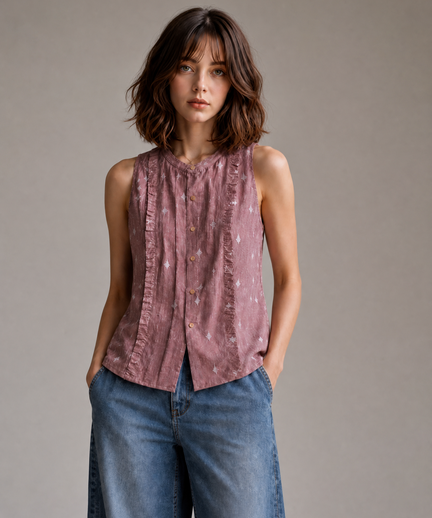RUFFLE DETAIL SLEEVELESS COTTON TOP