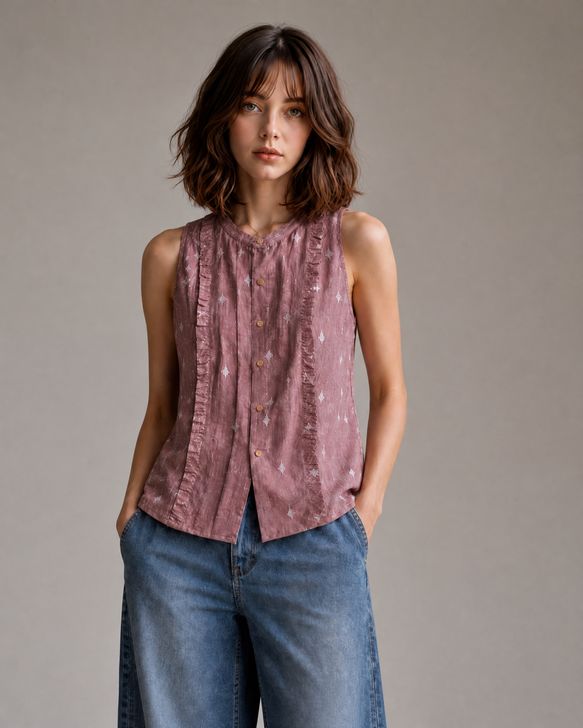 RUFFLE DETAIL SLEEVELESS COTTON TOP