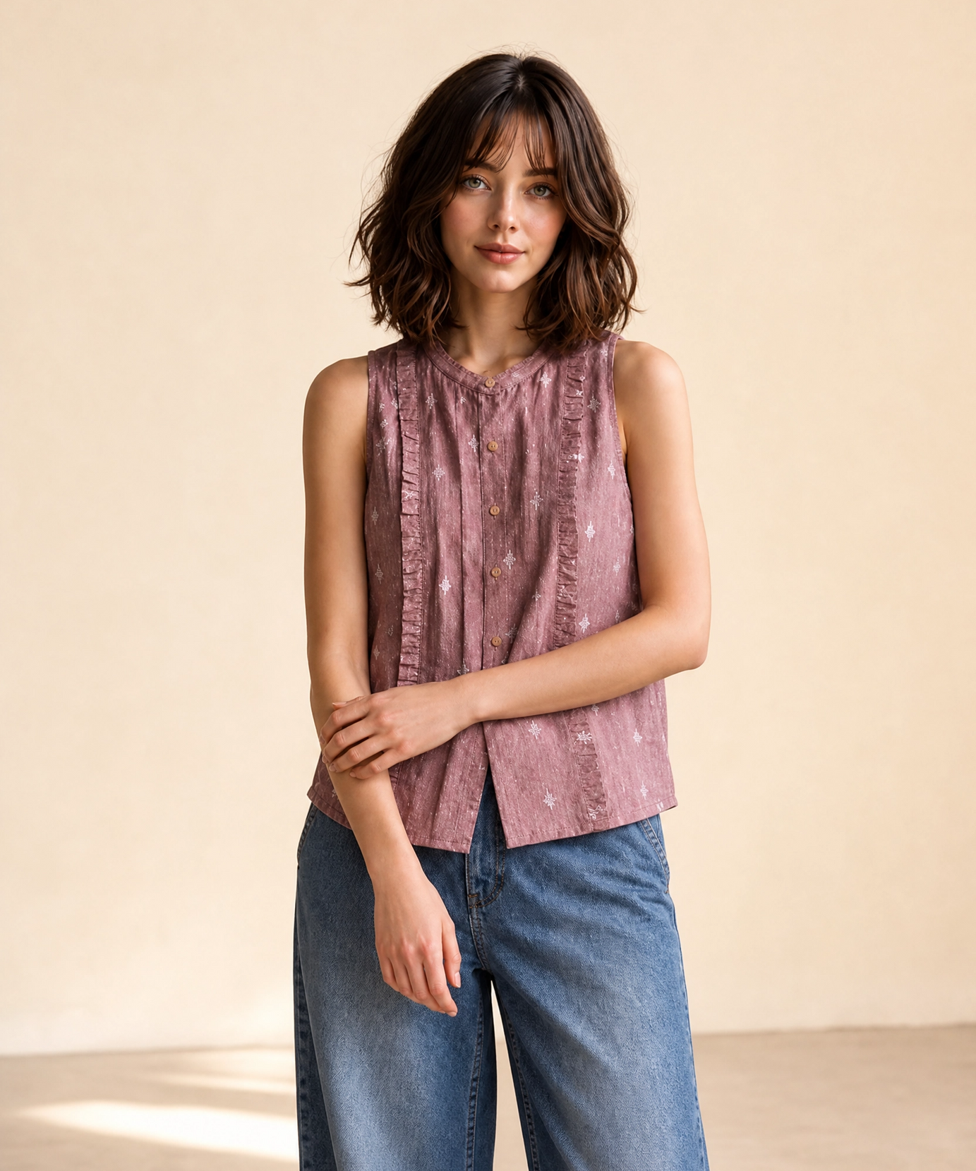 RUFFLE DETAIL SLEEVELESS COTTON TOP