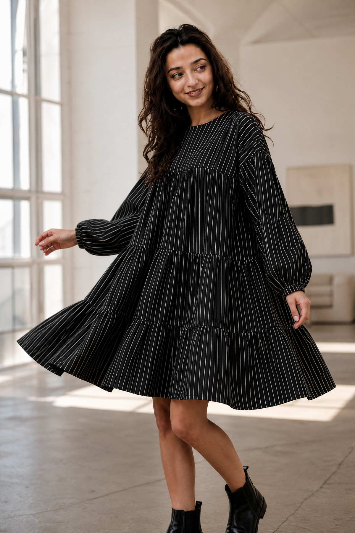 MIDNIGHT STRIPE TIERED DRESS