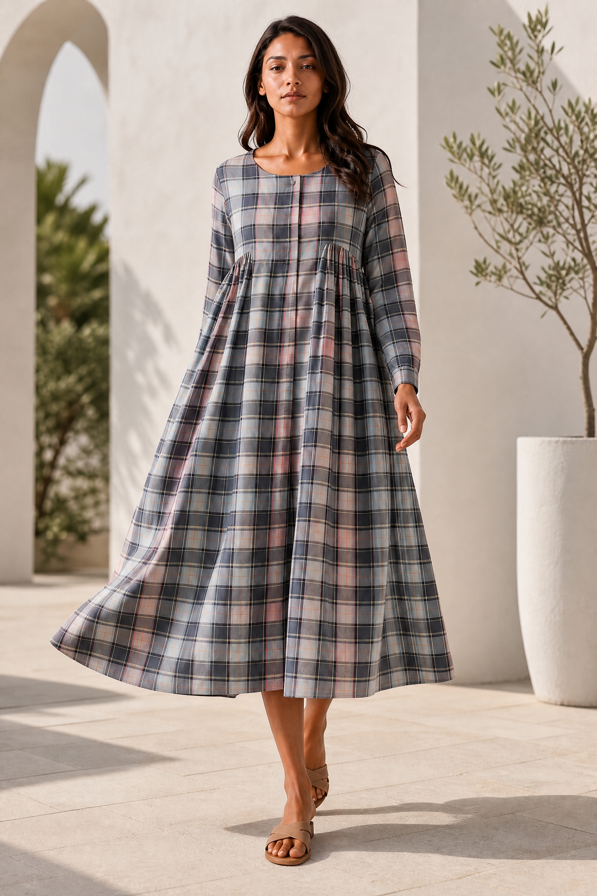 SKY PLAID MIDI DRESS