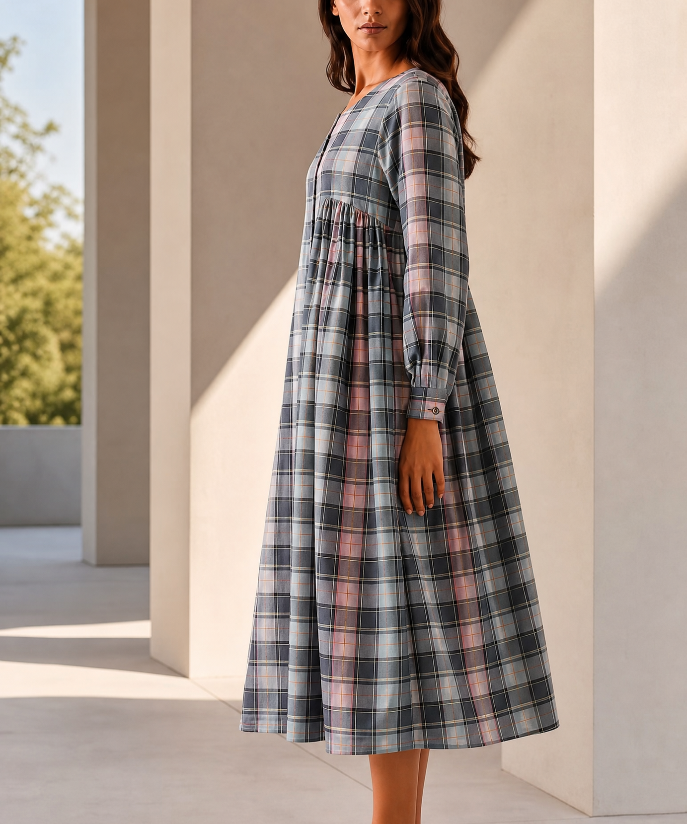 SKY PLAID MIDI DRESS