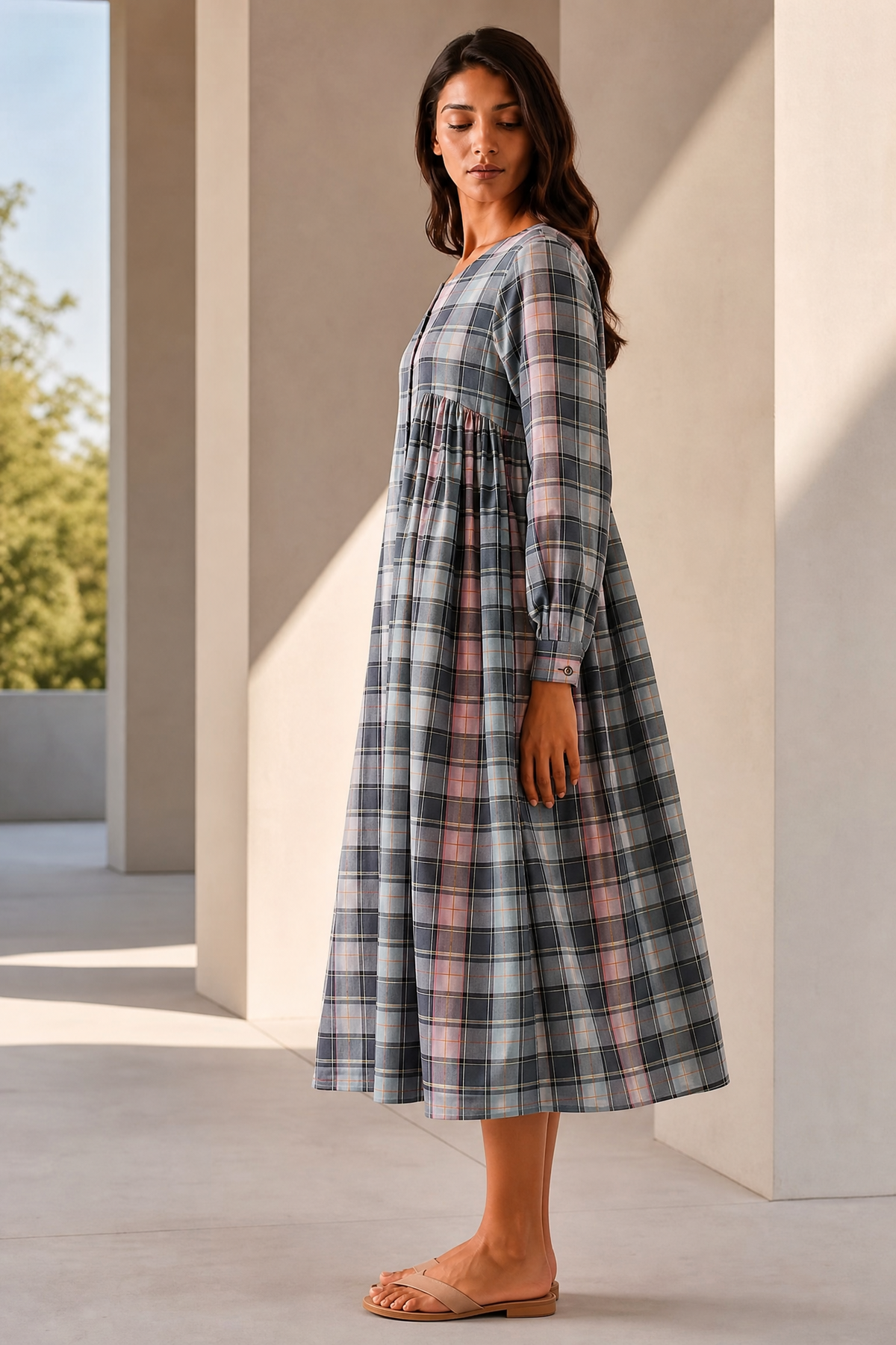 SKY PLAID MIDI DRESS