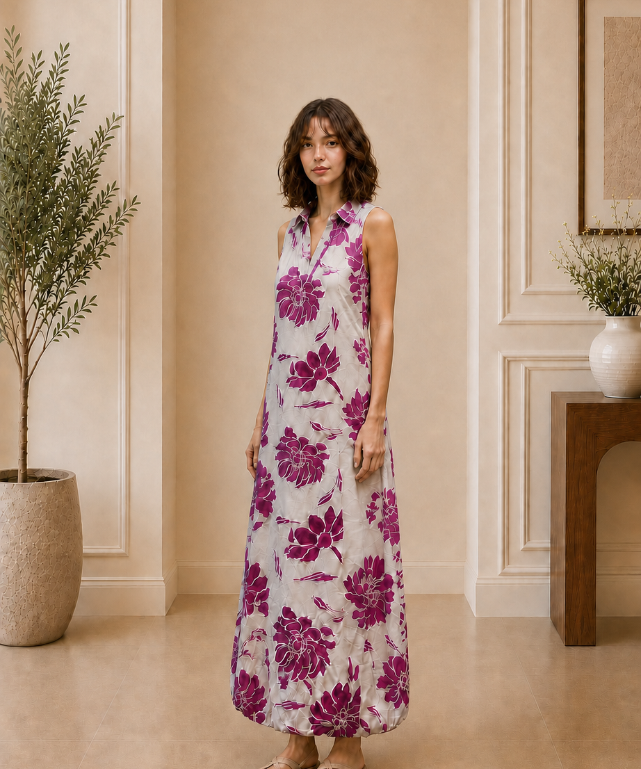PURPLE BLOOM COTTON BALLOON DRESS