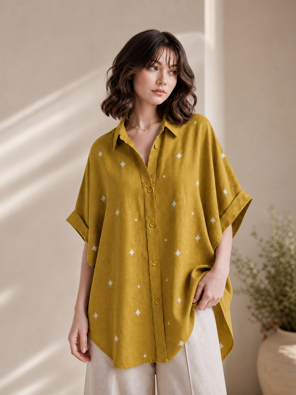 OVERSIZED EMBROIDERED SHIRT TOP