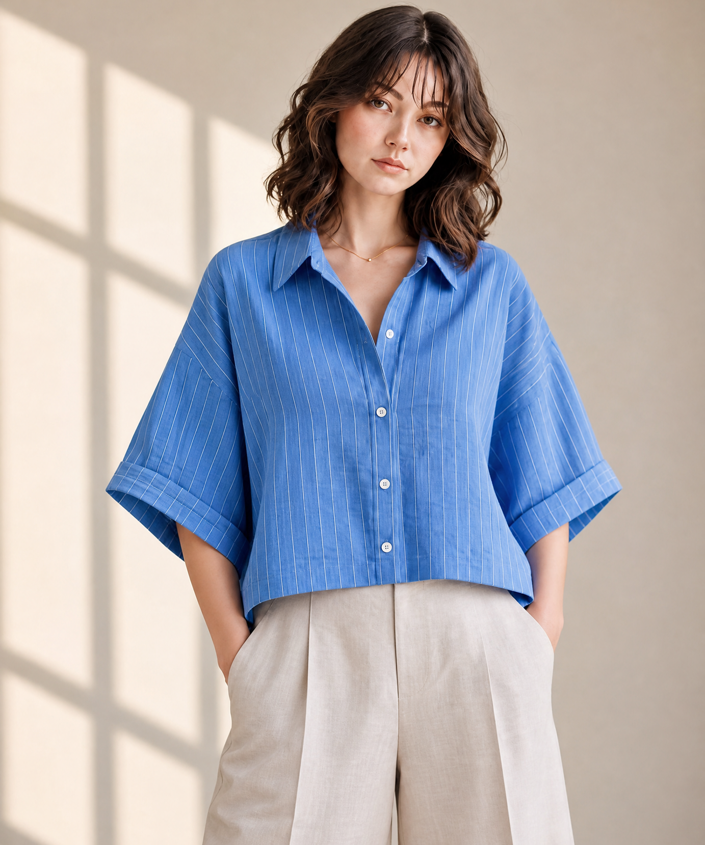 STRIPED RELAXED CROPPED SHIRT TOP