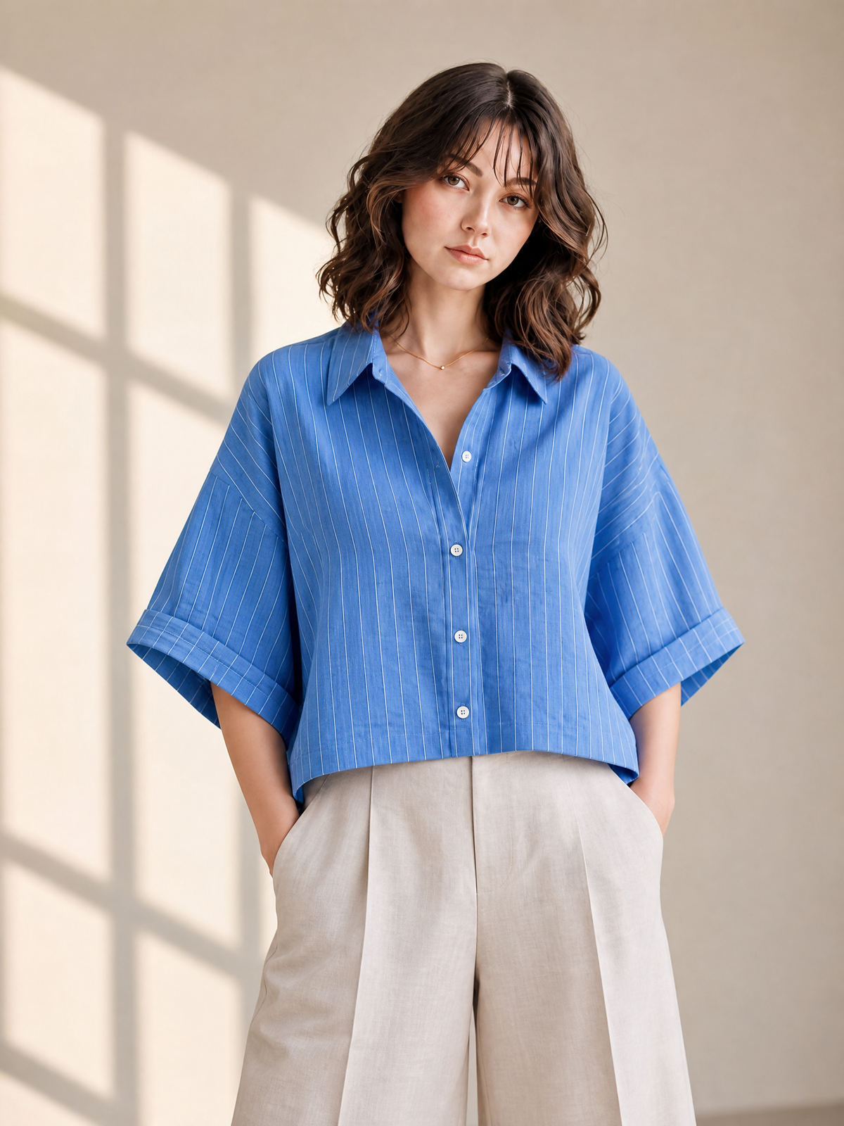 STRIPED RELAXED CROPPED SHIRT TOP
