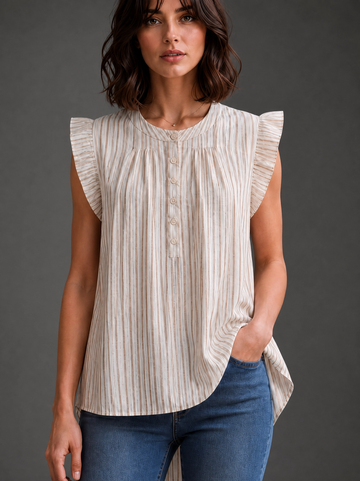 RUFFLE SLEEVE STRIPED COTTON TOP